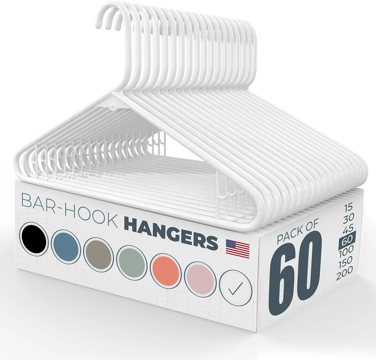 60pk Made in USA Strong Plastic Clothes Hangers Bulk | 20 30 50 100 Pack Available | Laundry Clothes Hanger | Coat Hangers Plastic | Heavy Duty Plastic Hanger for Closet and Clothing Hangars (White)