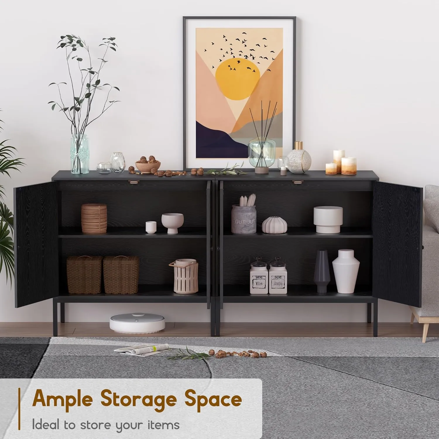 63" W Black Large Rattan Cabinet, Sideboard Buffet Cabinet with Natural Rattan Hand-Woven Doors, Accent Buffet Console Storage Credenza, for Living Room Hallway Kitchen, Metal Legs, Natural-2 Pieces