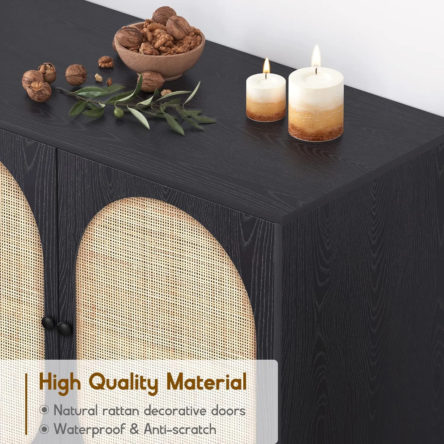 63" W Black Large Rattan Cabinet, Sideboard Buffet Cabinet with Natural Rattan Hand-Woven Doors, Accent Buffet Console Storage Credenza, for Living Room Hallway Kitchen, Metal Legs, Natural-2 Pieces