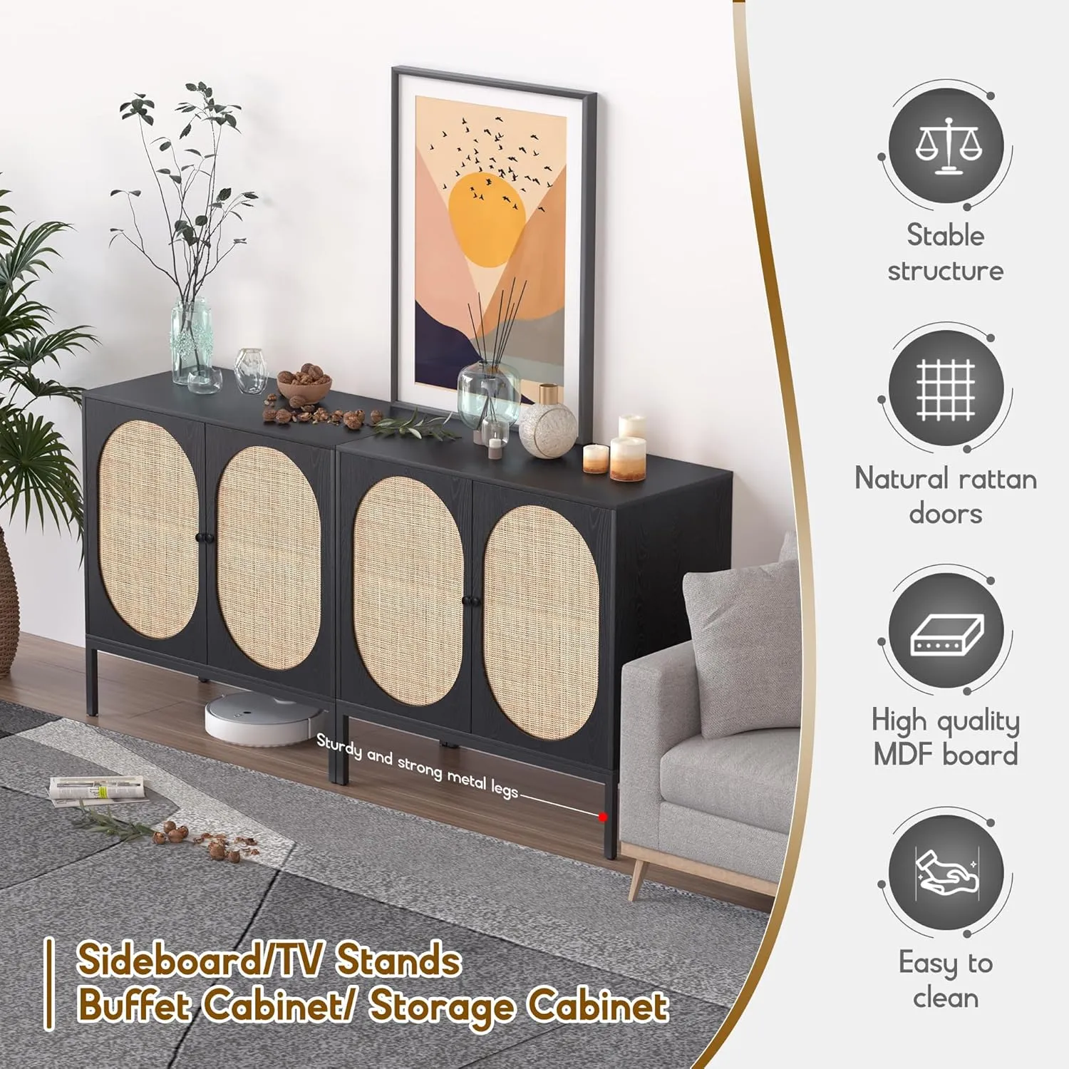 63" W Black Large Rattan Cabinet, Sideboard Buffet Cabinet with Natural Rattan Hand-Woven Doors, Accent Buffet Console Storage Credenza, for Living Room Hallway Kitchen, Metal Legs, Natural-2 Pieces