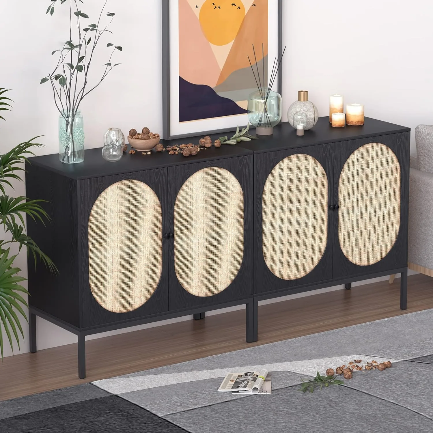 63" W Black Large Rattan Cabinet, Sideboard Buffet Cabinet with Natural Rattan Hand-Woven Doors, Accent Buffet Console Storage Credenza, for Living Room Hallway Kitchen, Metal Legs, Natural-2 Pieces