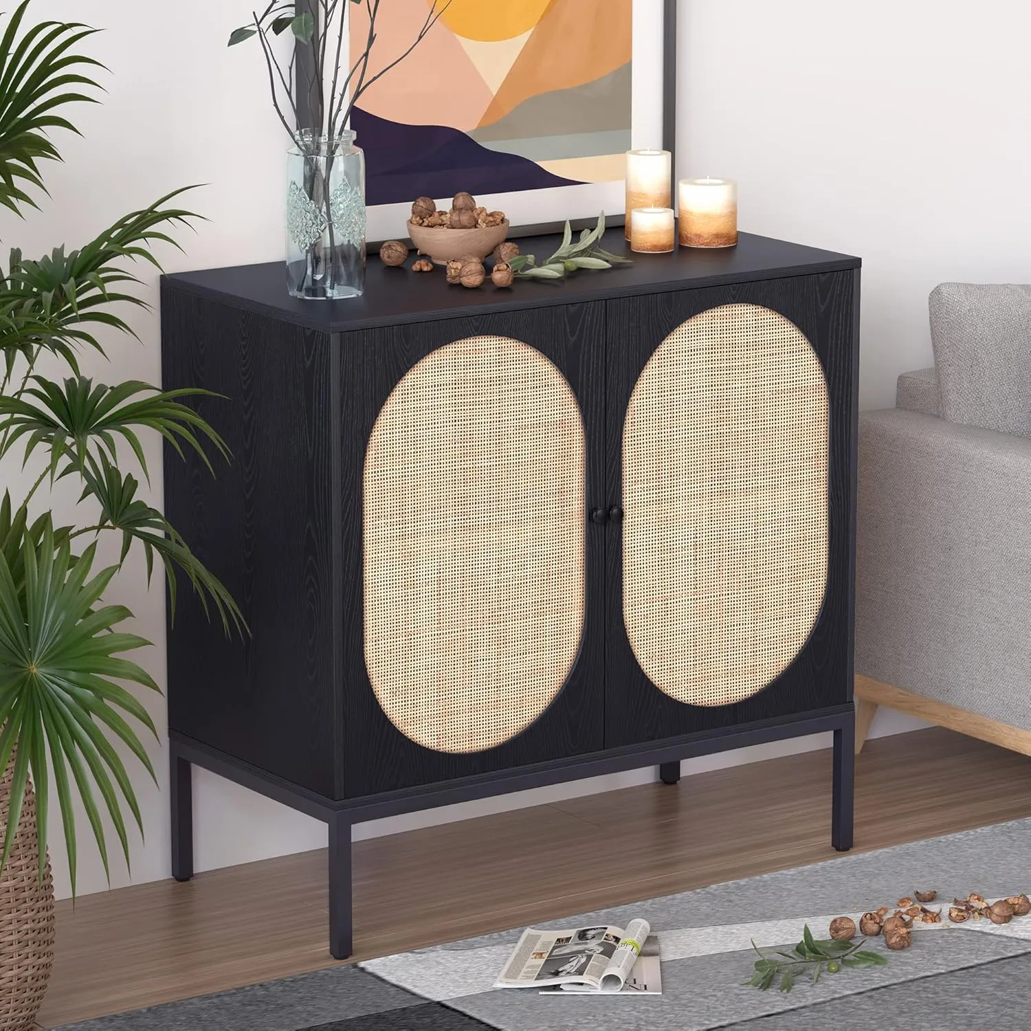 63" W Black Large Rattan Cabinet, Sideboard Buffet Cabinet with Natural Rattan Hand-Woven Doors, Accent Buffet Console Storage Credenza, for Living Room Hallway Kitchen, Metal Legs, Natural-2 Pieces