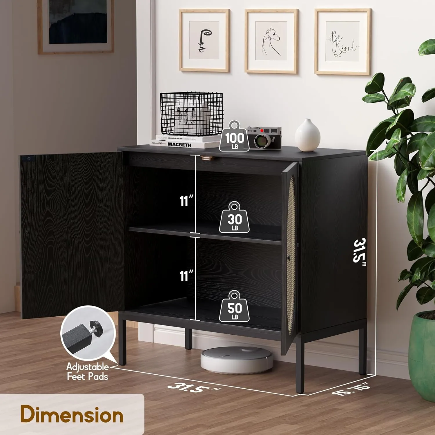 63" W Black Large Rattan Cabinet, Sideboard Buffet Cabinet with Natural Rattan Hand-Woven Doors, Accent Buffet Console Storage Credenza, for Living Room Hallway Kitchen, Metal Legs, Natural-2 Pieces
