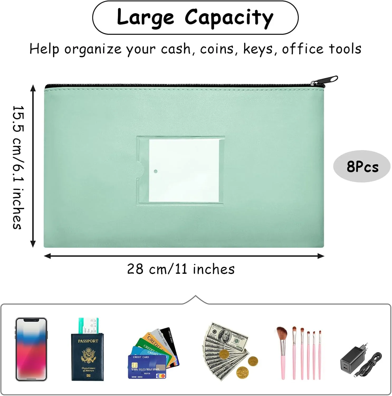 8 Pcs Money Pouch With Zipper - Black Wallet Pouches With Label 11x6.1inch Bank Deposit Leather Cash Coin Zipper Bag for Checks, Receipt Holder, Makeup Organizer for Women Men
