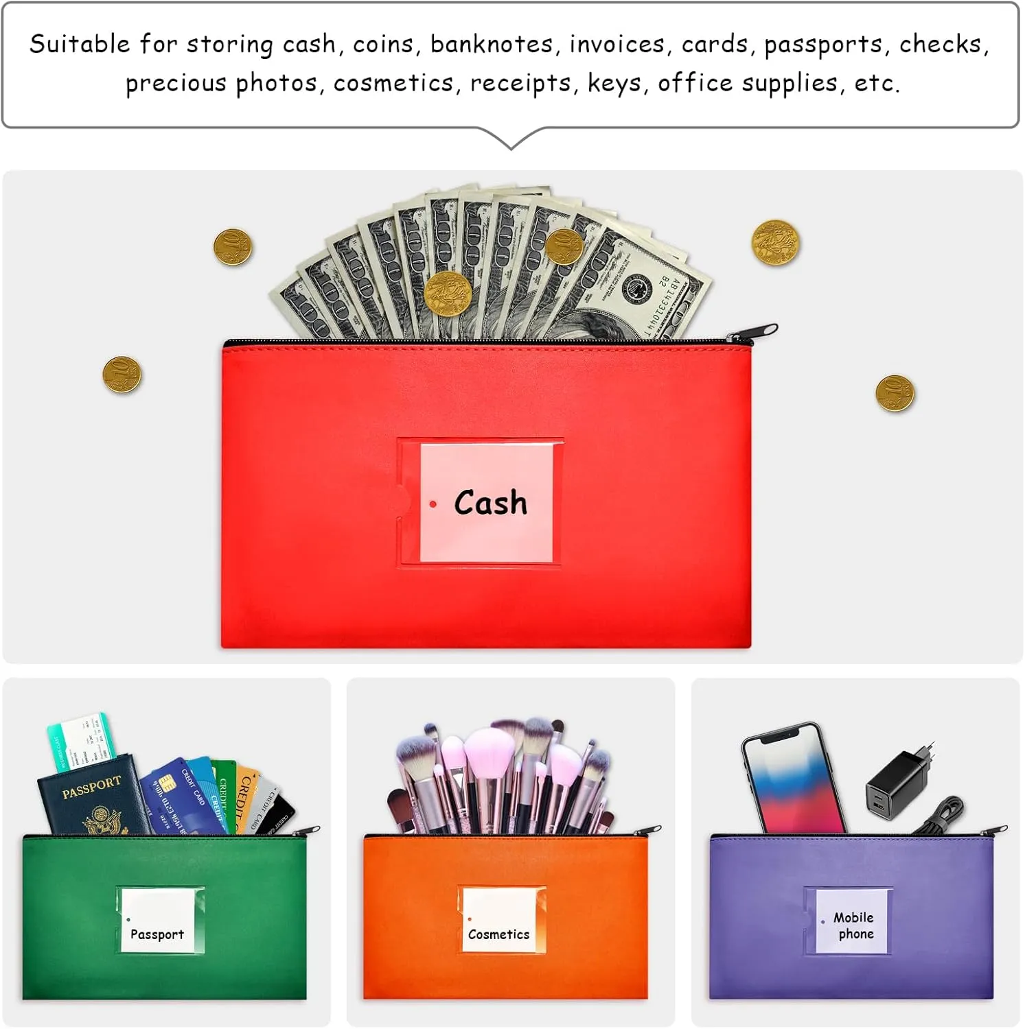 8 Pcs Money Pouch With Zipper - Black Wallet Pouches With Label 11x6.1inch Bank Deposit Leather Cash Coin Zipper Bag for Checks, Receipt Holder, Makeup Organizer for Women Men