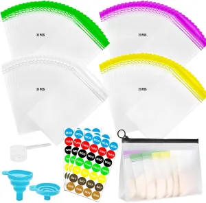 84pcs Protein Powder Travel Container, Single Dose Bags and a Large Portable Bag, Protein Powder Container To Go, Reusable Powder Dispensers with Spoon, Funnel, Labels, for Workout, Fitness, Travel