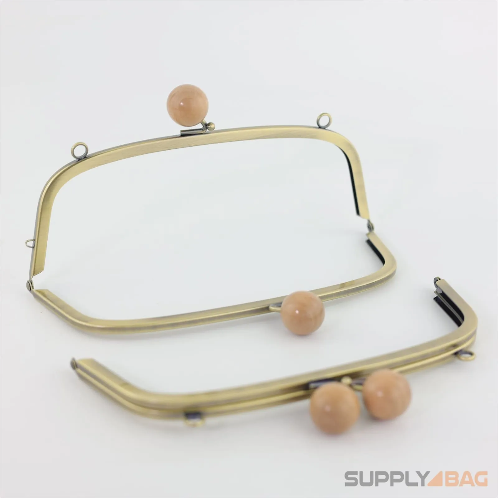 8.5 x 3 inch - Kisslock Clasp (Wood) - Antique Brass Metal Purse Frame with O Rings