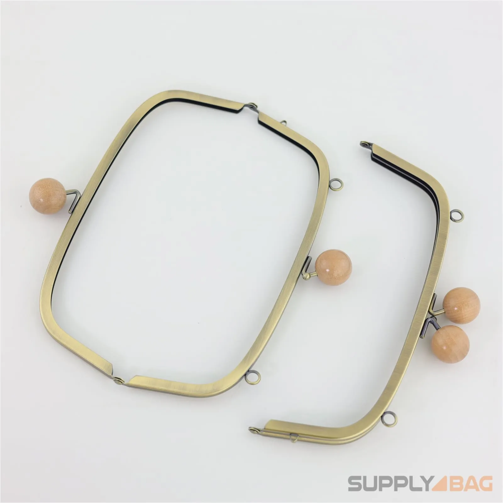8.5 x 3 inch - Kisslock Clasp (Wood) - Antique Brass Metal Purse Frame with O Rings