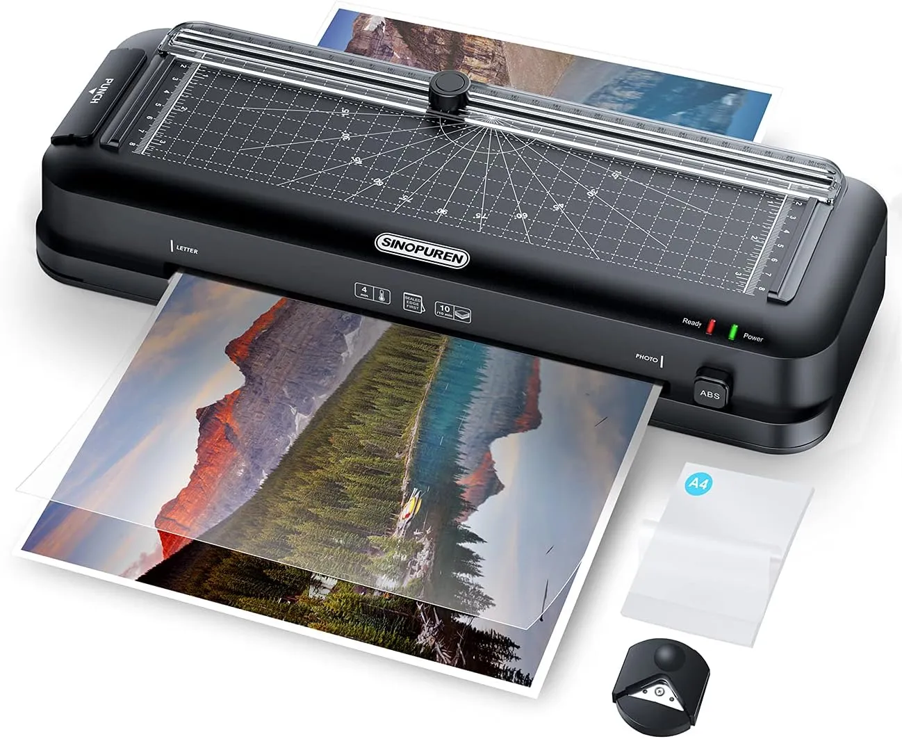 9-Inch Thermal Laminator Machine, 3-in-1 Laminator with Built-in Paper Trimmer, Hole Punch & Corner Rounder, 10 Laminating Pouches, Fast 3-Min Warm-Up, Jam-Free for Home, Office, School