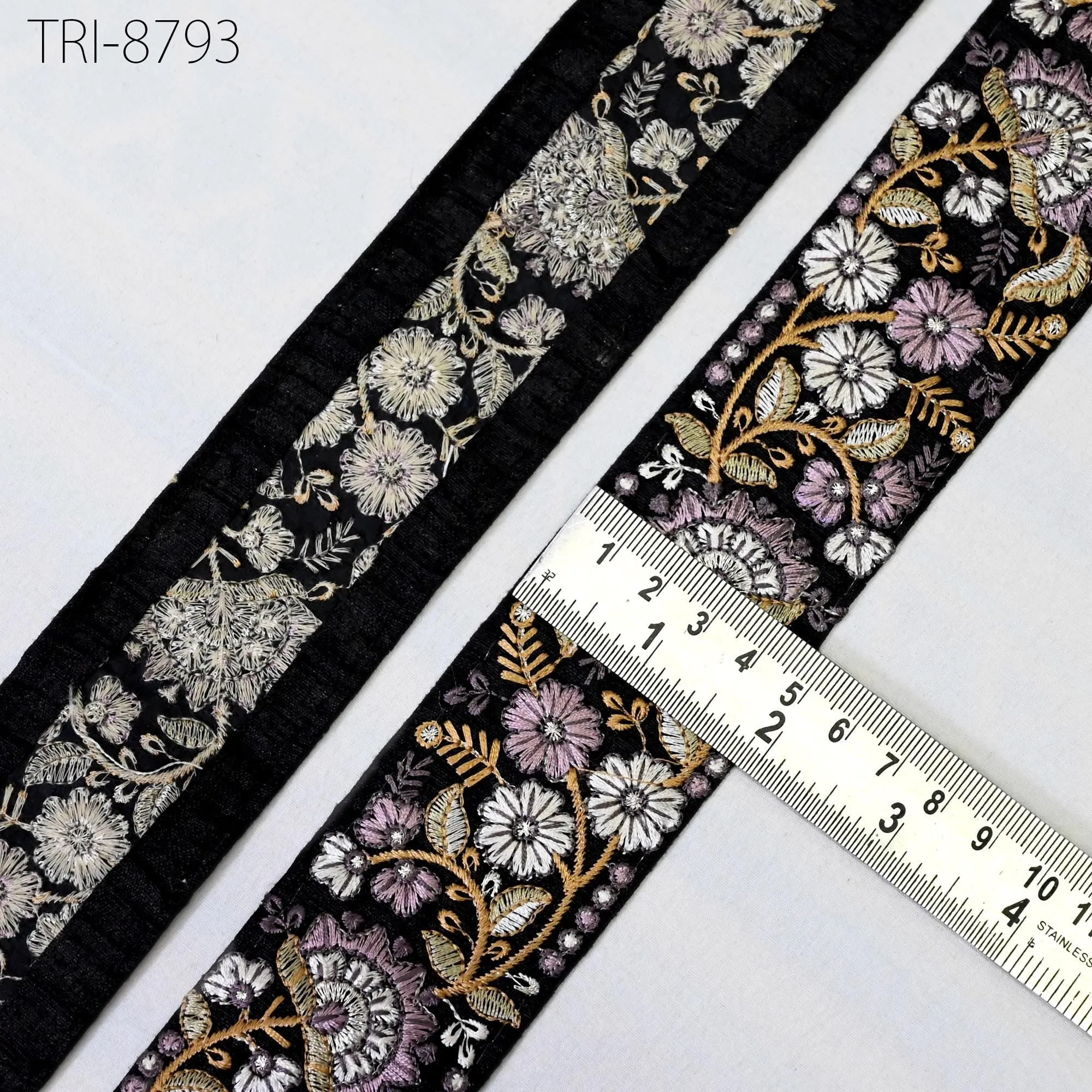 9 Yard Black 48mm Indian Embroidery Border Floral Embroidered Fabric Trims Saree Ribbons Crafting Sewing Wedding Embellishment Gift Wrapping
