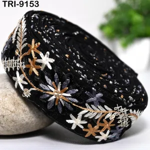 9 Yard Black Embroidery Ribbon 4 cm Trim Embellishment Sari Sewing DIY Crafting Border Indian Embroidered Trimming Cushion Laces Home Decor
