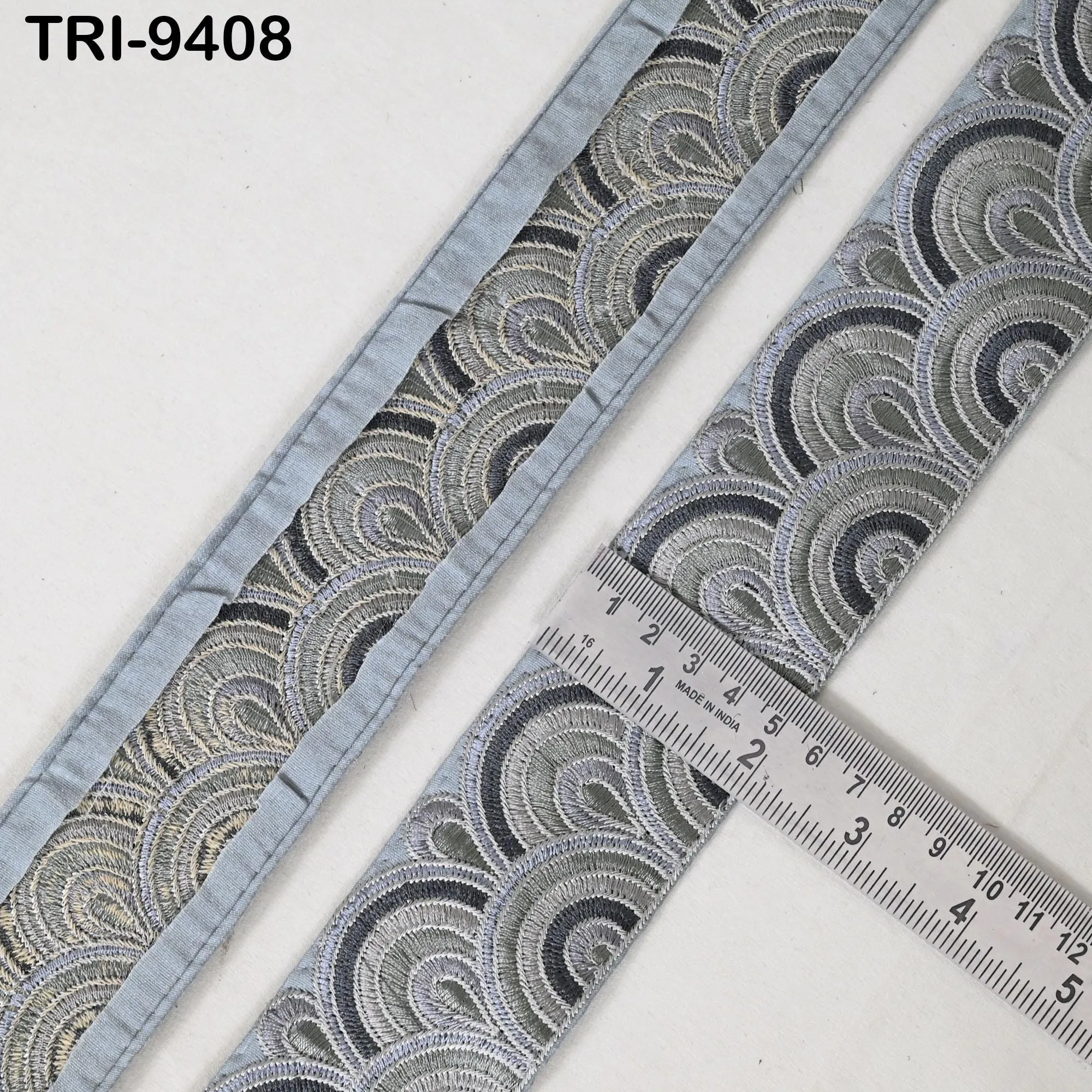 9 Yard Grey 5cm Embroidery Ribbon Trim Embellish Embroidered Saree Border Costumes Crafting Sewing Beach Bags Tote Pouche Wall Hangings