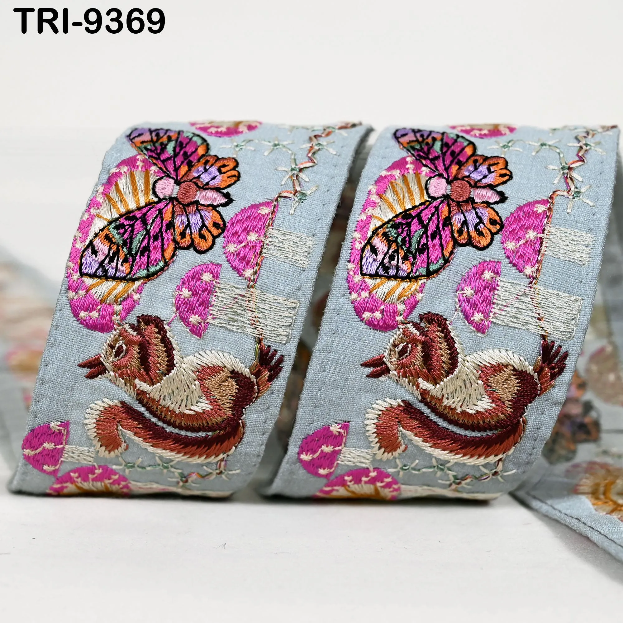 9 Yard Grey Embroidery Ribbon 5cm Trim Squirrel Indian Sari Border DIY Crafting Sewing Bag Straps Regency Reticules Home Decor Junk Journals