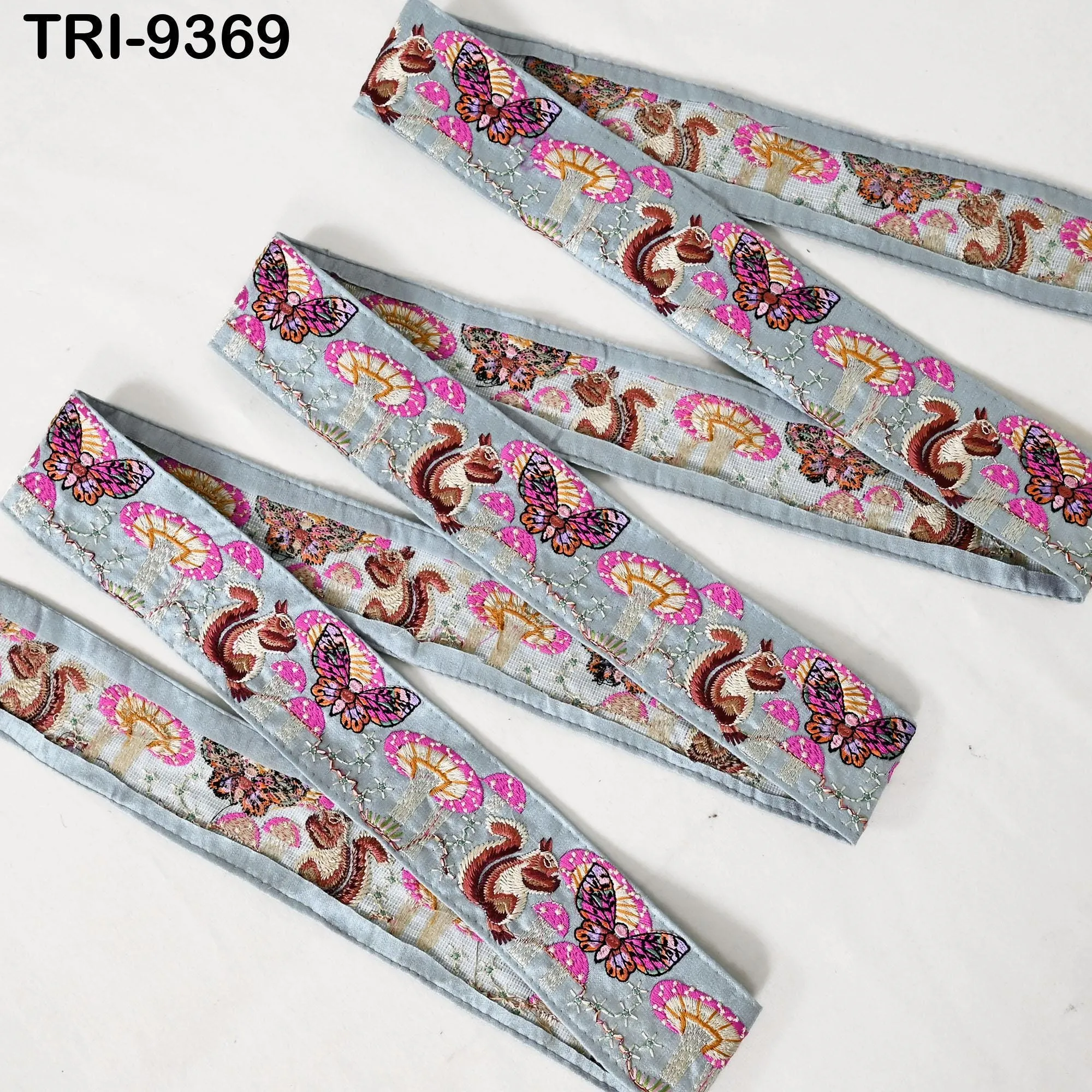 9 Yard Grey Embroidery Ribbon 5cm Trim Squirrel Indian Sari Border DIY Crafting Sewing Bag Straps Regency Reticules Home Decor Junk Journals