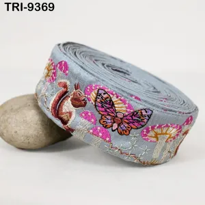 9 Yard Grey Embroidery Ribbon 5cm Trim Squirrel Indian Sari Border DIY Crafting Sewing Bag Straps Regency Reticules Home Decor Junk Journals
