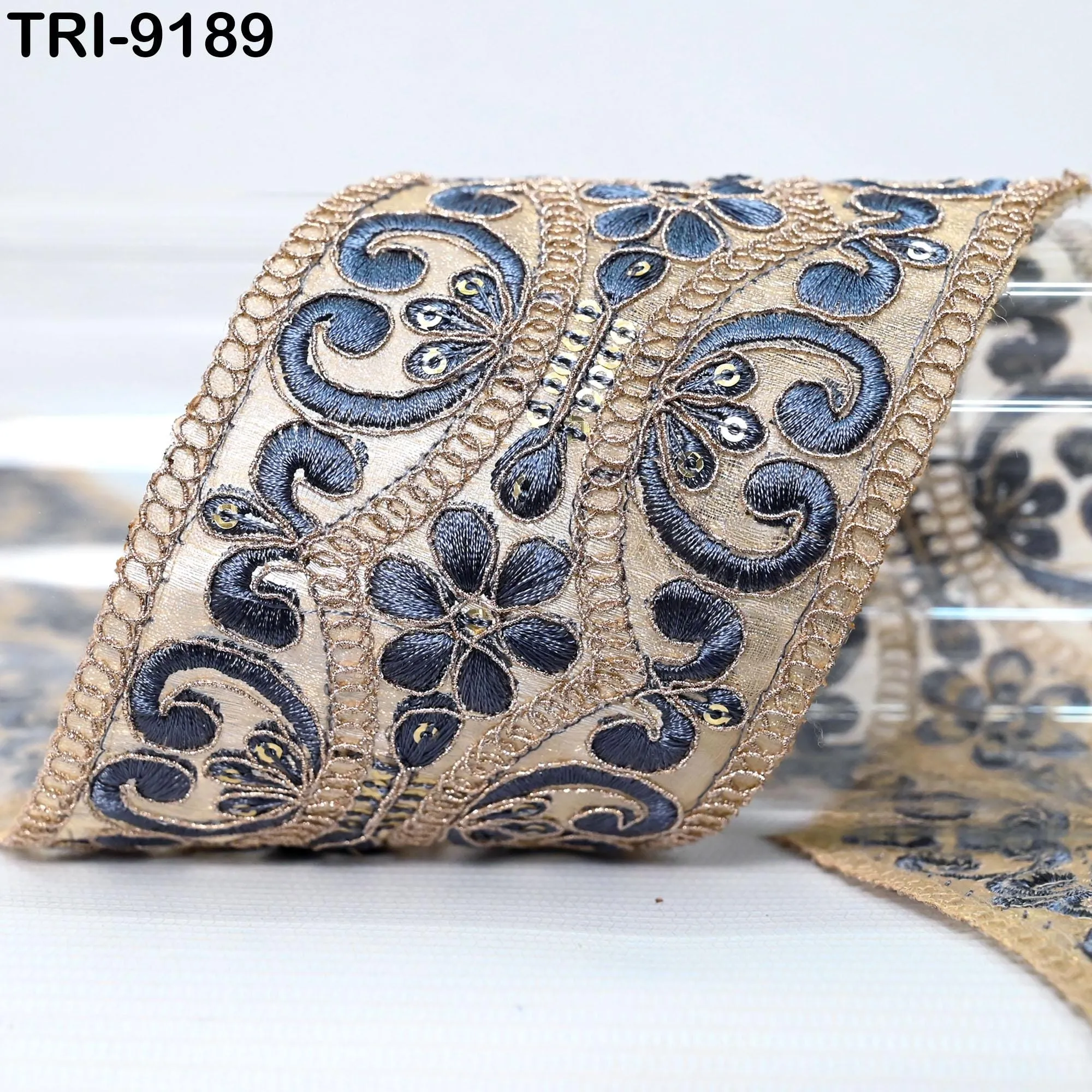 9 Yard Grey Indian Embroidery Trim Ribbon 8cm Embroidered Wedding Sari Lehenga Border Saree  Sewing Crafting Wall Decor Curtains Headbands