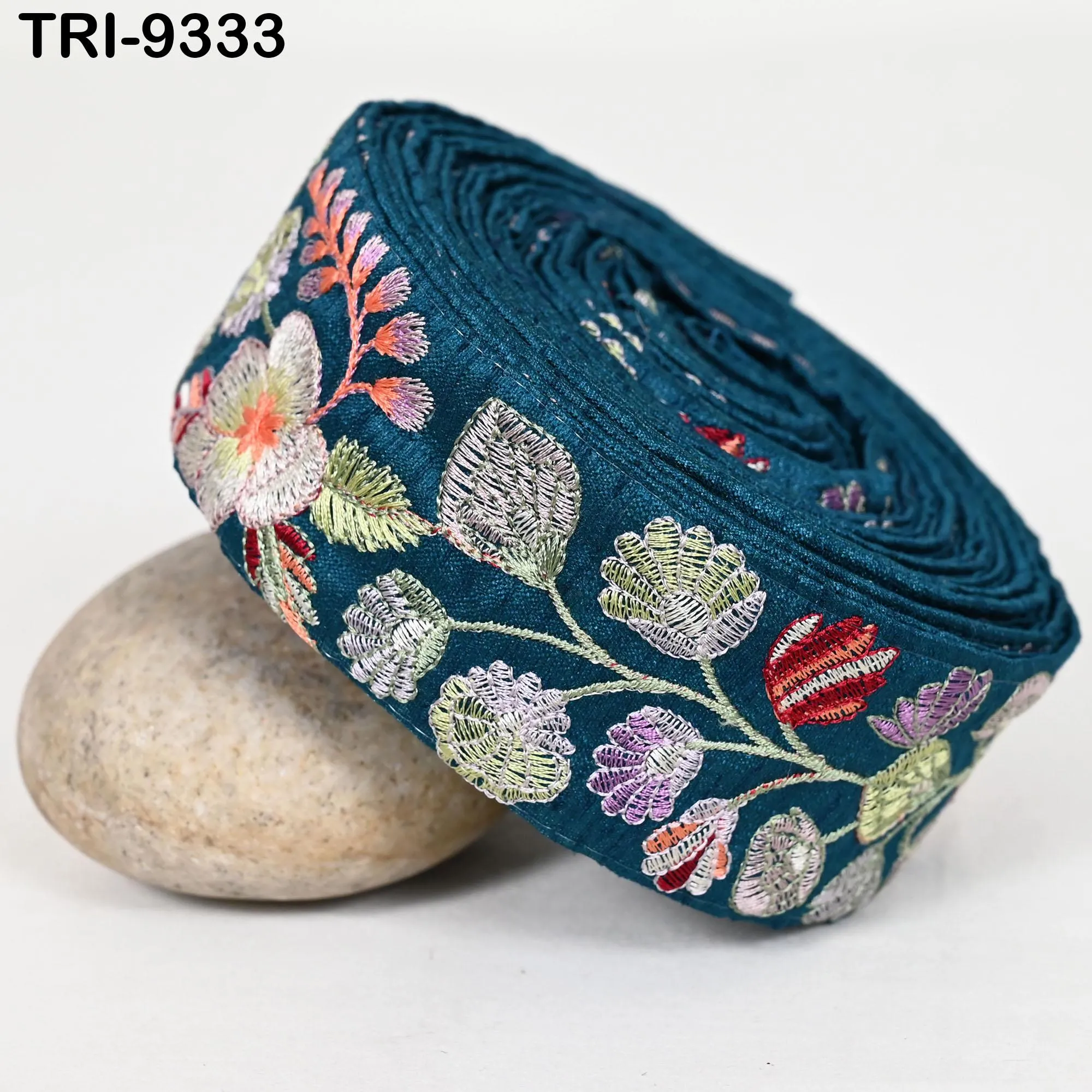 9 Yard Teal Embroidery Ribbon 5cm Trim Sari Border DIY Craft Indian Embroidered Lampshade Regency Reticules Victorian Handbags Junk Journal