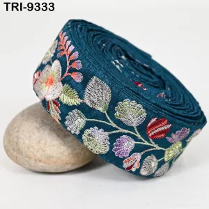 9 Yard Teal Embroidery Ribbon 5cm Trim Sari Border DIY Craft Indian Embroidered Lampshade Regency Reticules Victorian Handbags Junk Journal