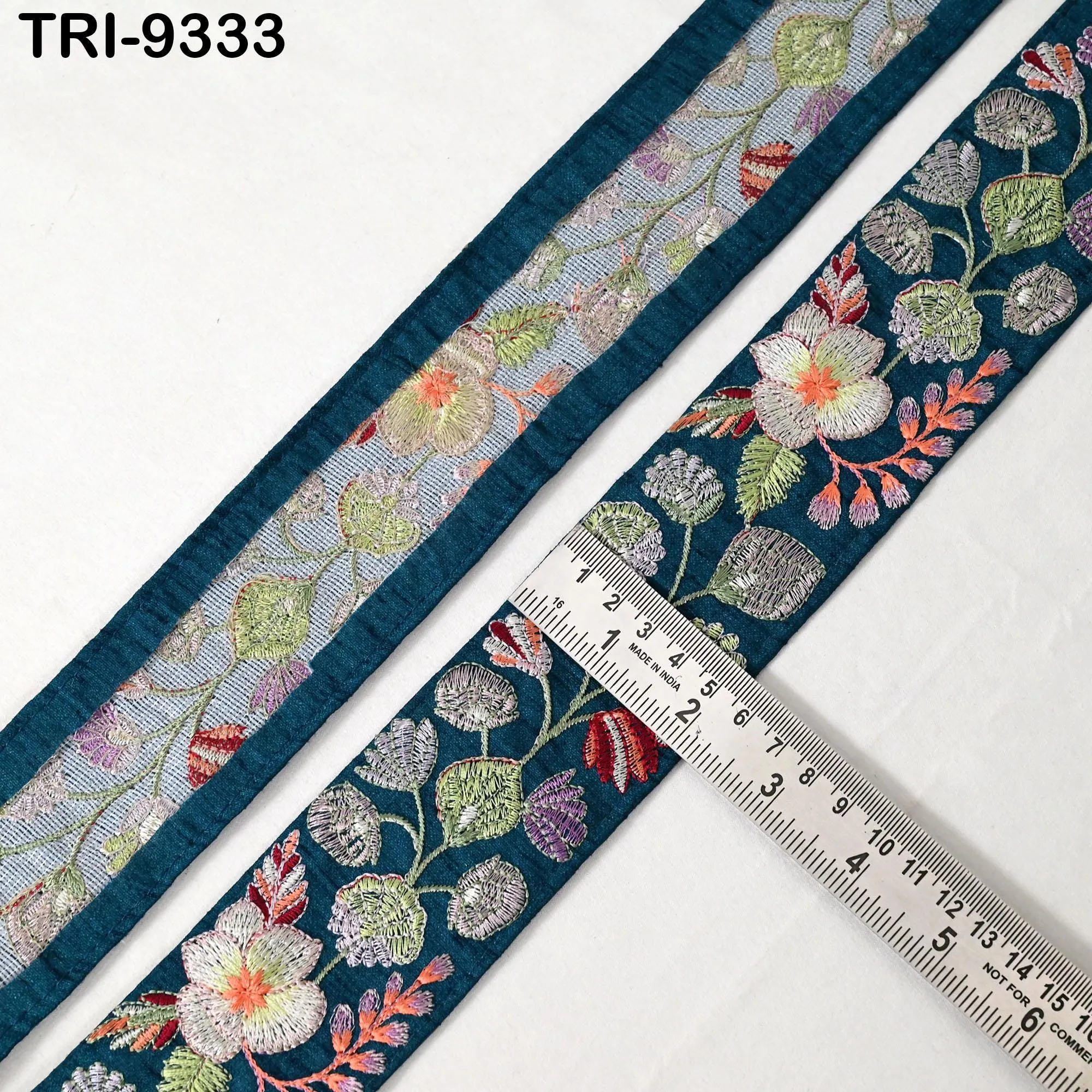 9 Yard Teal Embroidery Ribbon 5cm Trim Sari Border DIY Craft Indian Embroidered Lampshade Regency Reticules Victorian Handbags Junk Journal