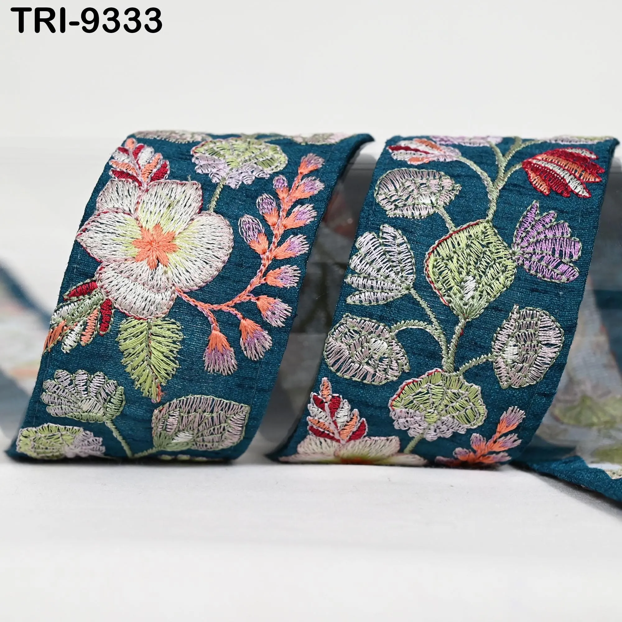 9 Yard Teal Embroidery Ribbon 5cm Trim Sari Border DIY Craft Indian Embroidered Lampshade Regency Reticules Victorian Handbags Junk Journal