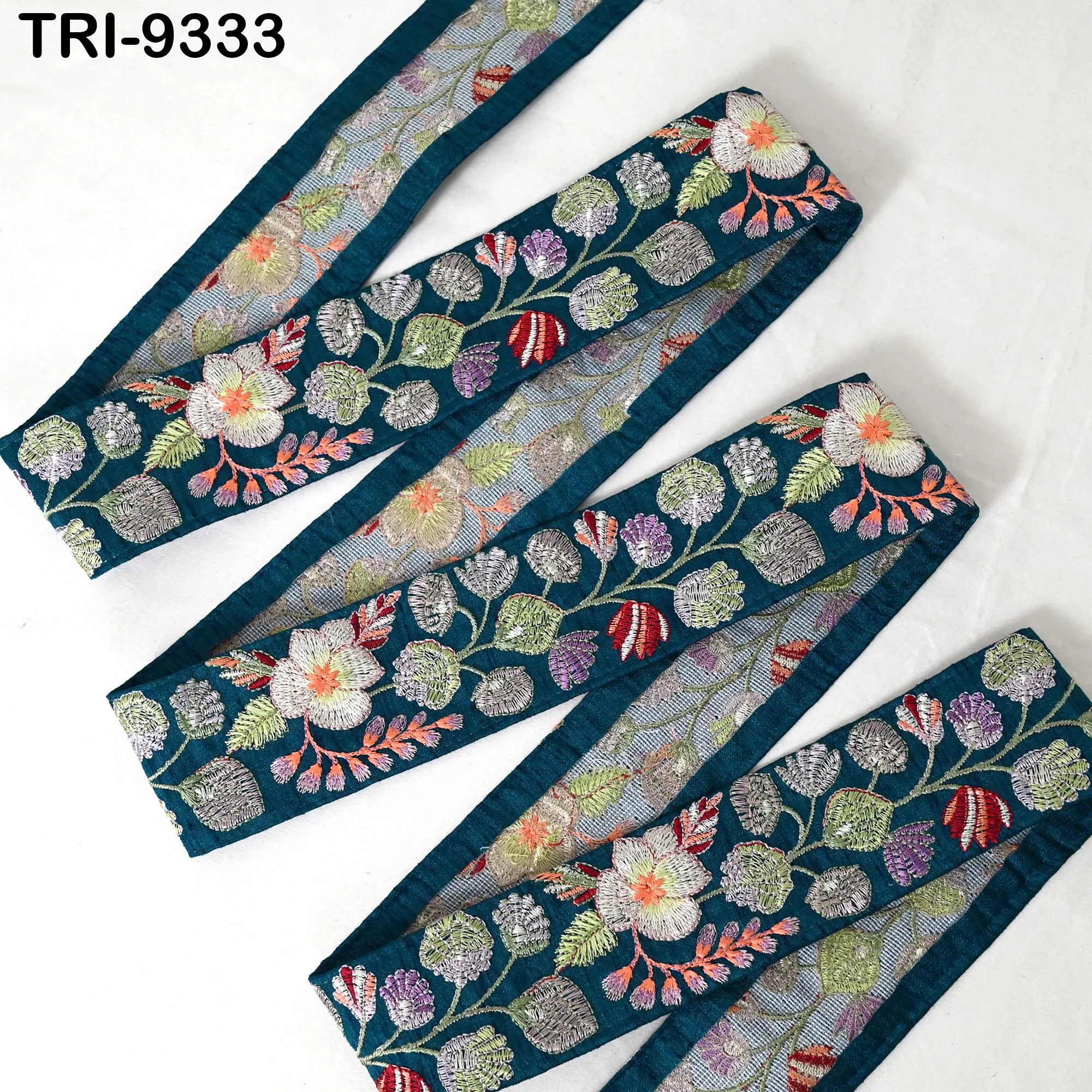 9 Yard Teal Embroidery Ribbon 5cm Trim Sari Border DIY Craft Indian Embroidered Lampshade Regency Reticules Victorian Handbags Junk Journal