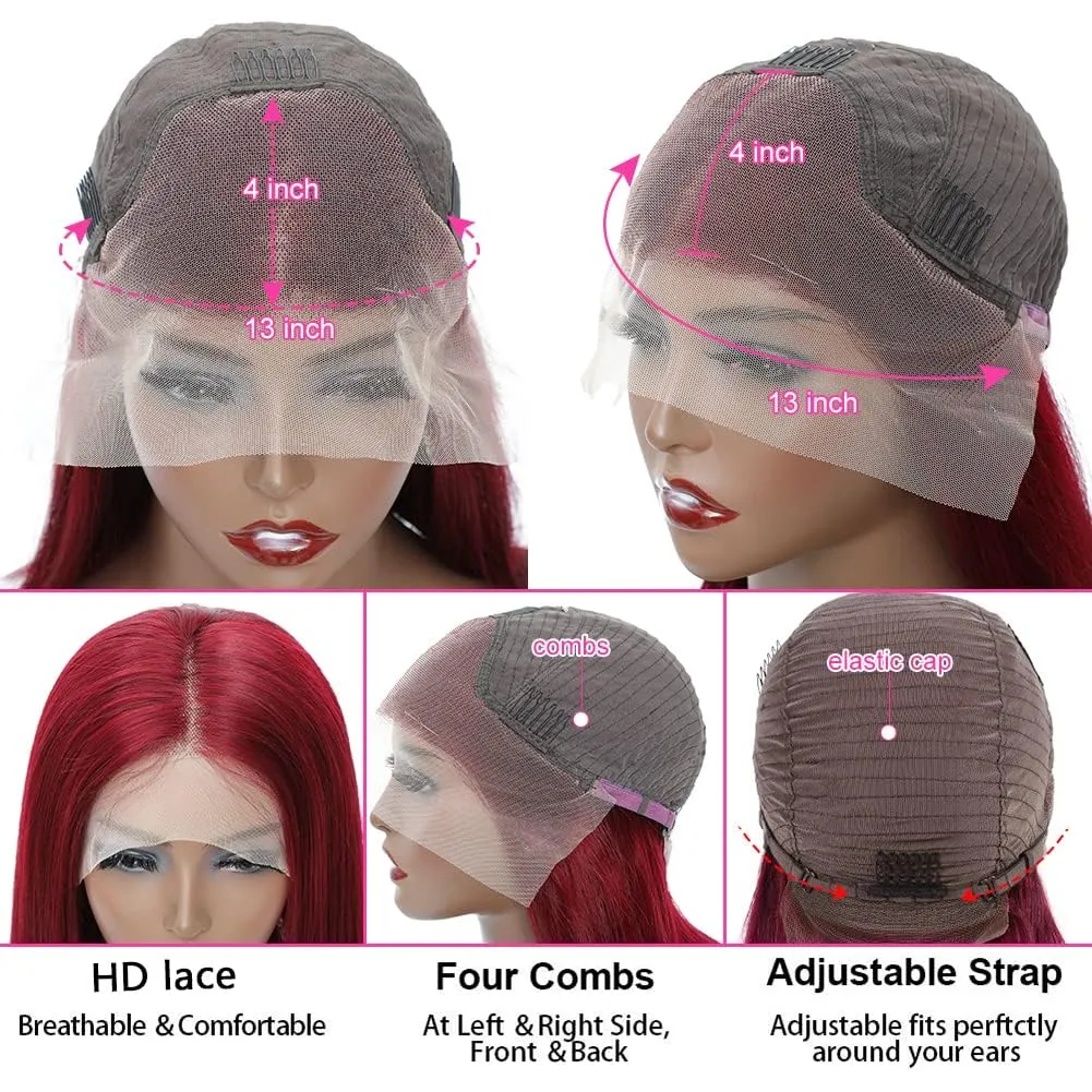 99J Burgundy Lace Front Wigs Human Hair 13x4 HD Transparent Bob Wig Human Hair Brazilian Hair Lace Frontal Wigs Pre Plucked 180% Density Red Wig Straight Lace Front Wigs Human Hair Bob Wig 14 Inch