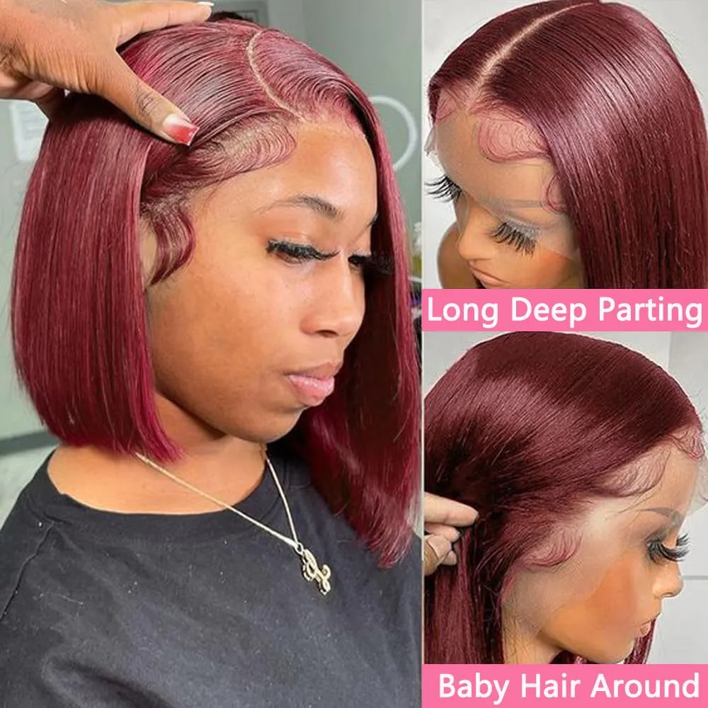 99J Burgundy Lace Front Wigs Human Hair 13x4 HD Transparent Bob Wig Human Hair Brazilian Hair Lace Frontal Wigs Pre Plucked 180% Density Red Wig Straight Lace Front Wigs Human Hair Bob Wig 14 Inch