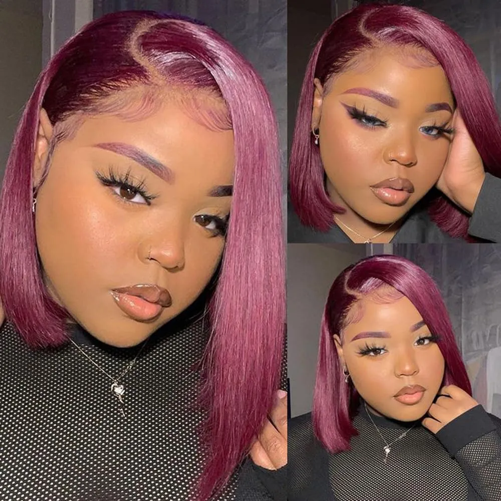 99J Burgundy Lace Front Wigs Human Hair 13x4 HD Transparent Bob Wig Human Hair Brazilian Hair Lace Frontal Wigs Pre Plucked 180% Density Red Wig Straight Lace Front Wigs Human Hair Bob Wig 14 Inch