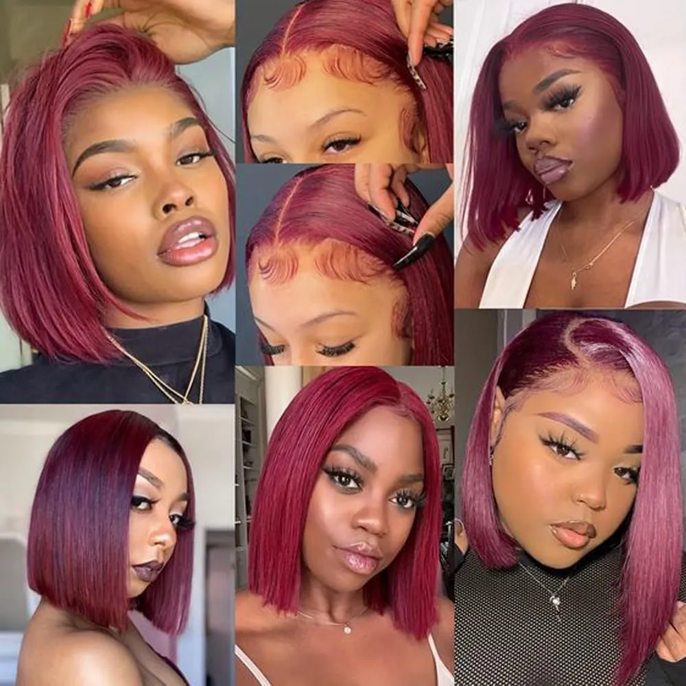 99J Burgundy Lace Front Wigs Human Hair 13x4 HD Transparent Bob Wig Human Hair Brazilian Hair Lace Frontal Wigs Pre Plucked 180% Density Red Wig Straight Lace Front Wigs Human Hair Bob Wig 14 Inch