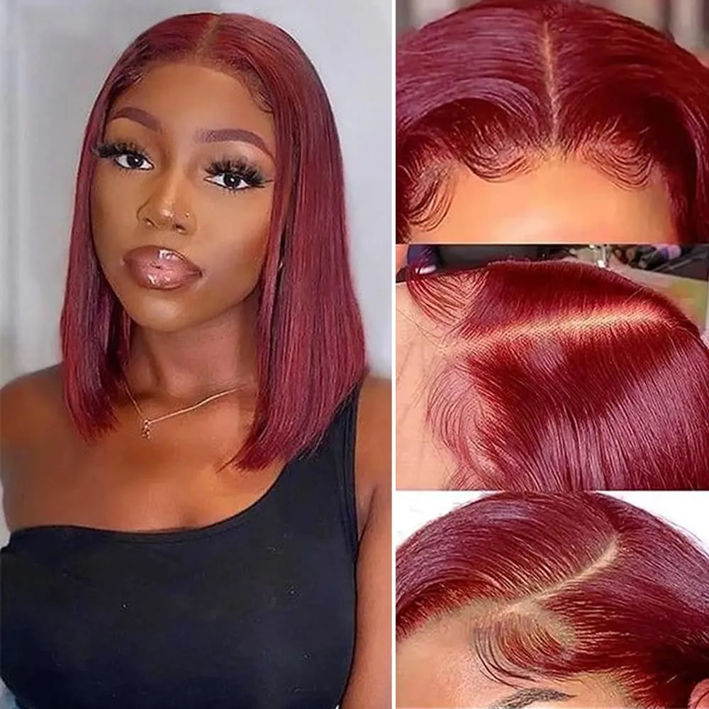 99J Burgundy Lace Front Wigs Human Hair 13x4 HD Transparent Bob Wig Human Hair Brazilian Hair Lace Frontal Wigs Pre Plucked 180% Density Red Wig Straight Lace Front Wigs Human Hair Bob Wig 14 Inch