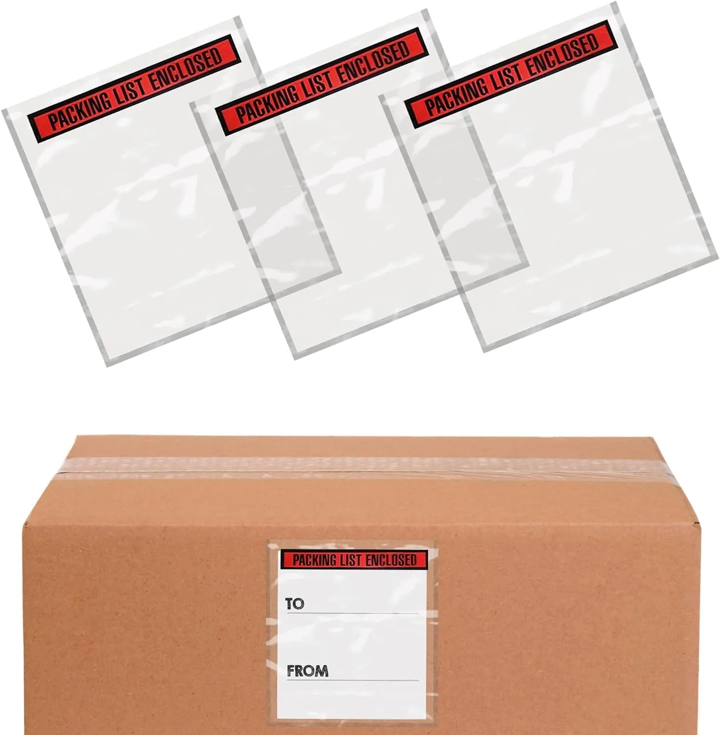 ABC Packing List Envelopes, 4.5 x 5.5 Inch. 100 Pack 2 Mil Polyethylene Clear Self Adhesive Pouch. Plastic Shipping Label Pouches with Red Panel Packing List Enclosed for Invoice and Order Management