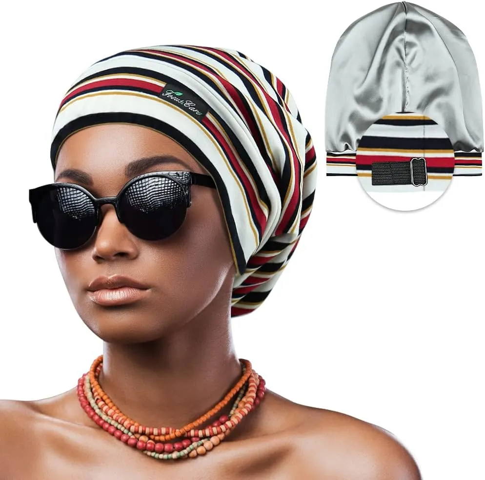 Adjustable Satin Lined Sleep Cap for Dreadlocks Curly Hair Large Head-Stay On Overnight