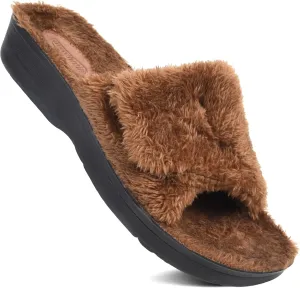 AEROTHOTIC Soft Fuzzy Slippers Outdoor and Indoor with Non-Slip Sole Stylish Straps Comfortable Womens Slippers Open Toe Home Travel Vacation Wear