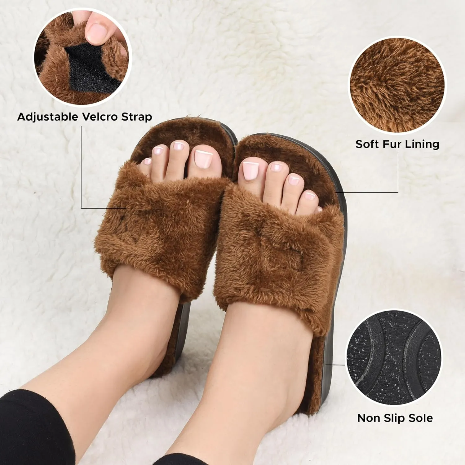 AEROTHOTIC Soft Fuzzy Slippers Outdoor and Indoor with Non-Slip Sole Stylish Straps Comfortable Womens Slippers Open Toe Home Travel Vacation Wear