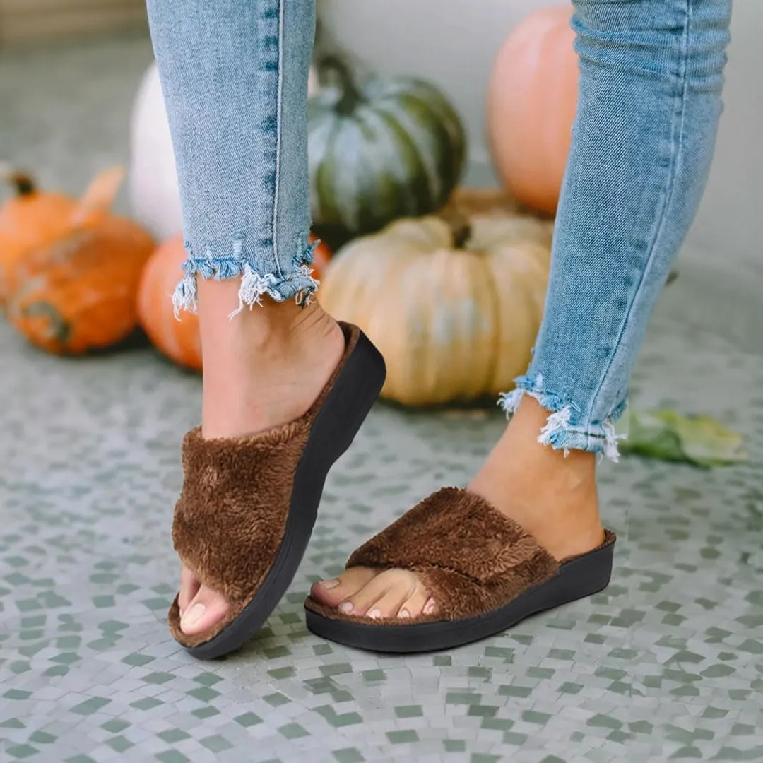 AEROTHOTIC Soft Fuzzy Slippers Outdoor and Indoor with Non-Slip Sole Stylish Straps Comfortable Womens Slippers Open Toe Home Travel Vacation Wear