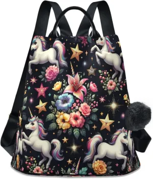 ALAZA Adorable Unicorns and Celebrity Flowers Backpack Purse for Women Anti Theft Travel Bag Fashion Back Pack Shoulder Bag Handbag