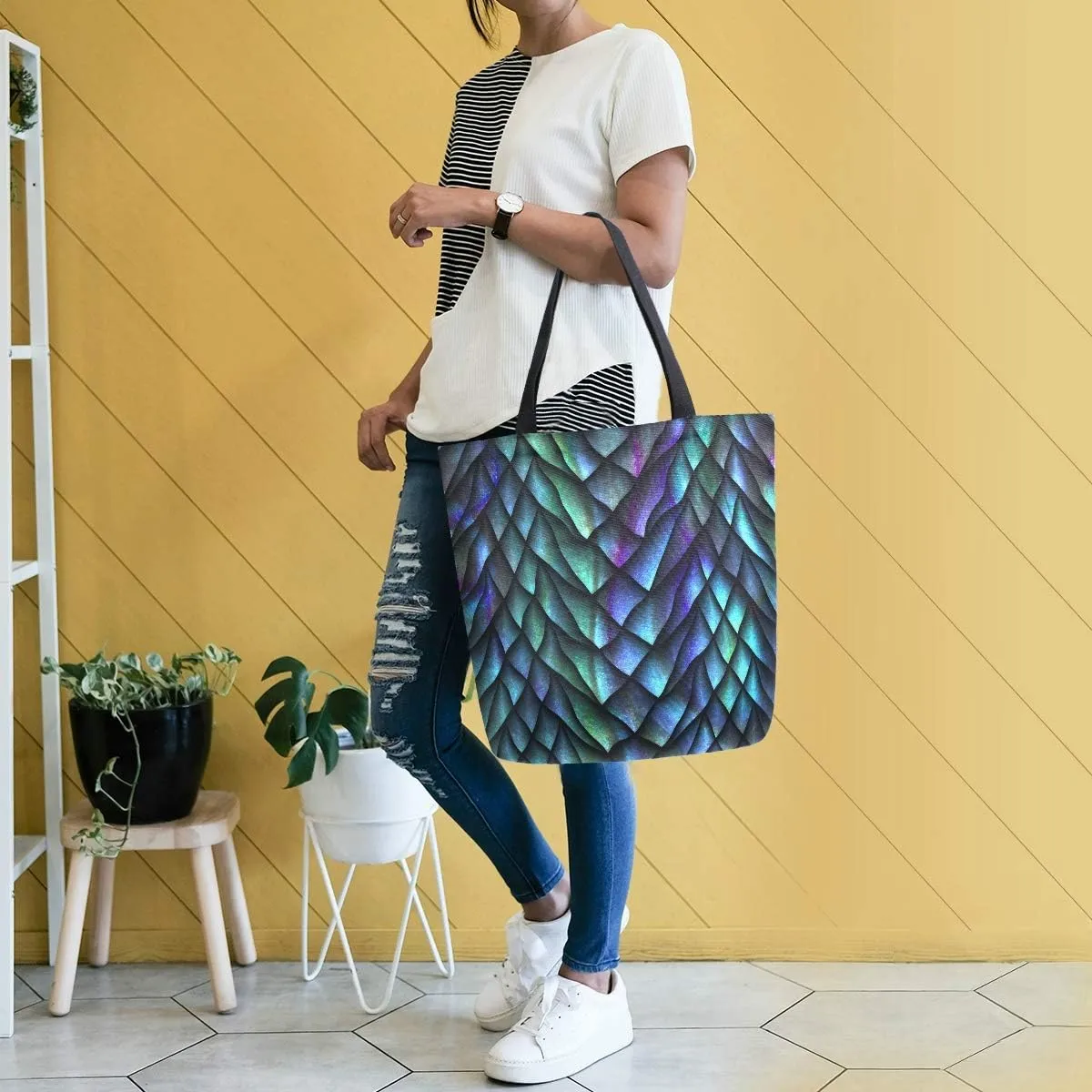 ALAZA Dragon Scales Canvas Tote Bag Top Handle Purses Large Totes Reusable Handbags Cotton Shoulder Bags for Women Travel Work Shopping Grocery
