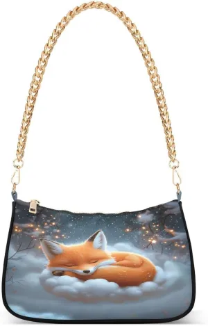 ALAZA Fox Sleeping Night Chian Shoulder Bag Handbags Tote Mini Clutch Purse Hobo Bag with Zipper Closure for Women