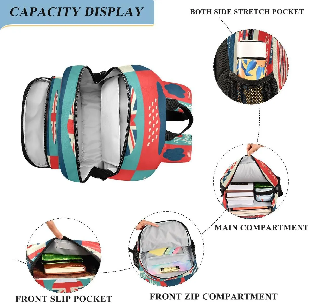 ALAZA London Symbols British Flag Union Jack Cartoon Backpack College Middle High School Bag Laptop Bag Casual Dayback Travel Business 17 inch