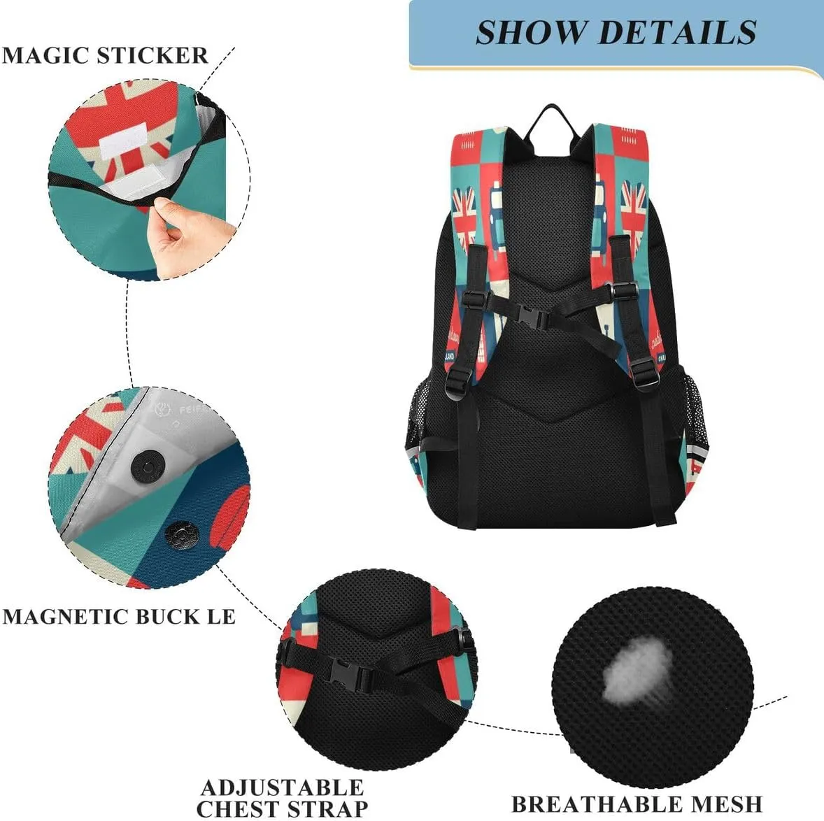 ALAZA London Symbols British Flag Union Jack Cartoon Backpack College Middle High School Bag Laptop Bag Casual Dayback Travel Business 17 inch