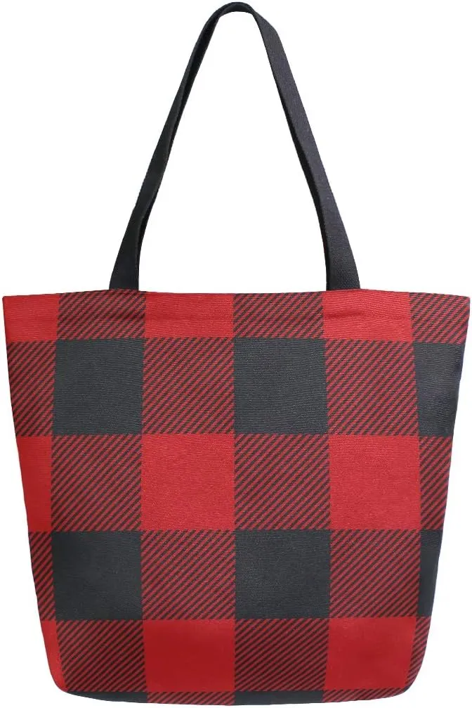 ALAZA Lumberjack Plaid Red and Black Squares Large Canvas Tote Bag for Women