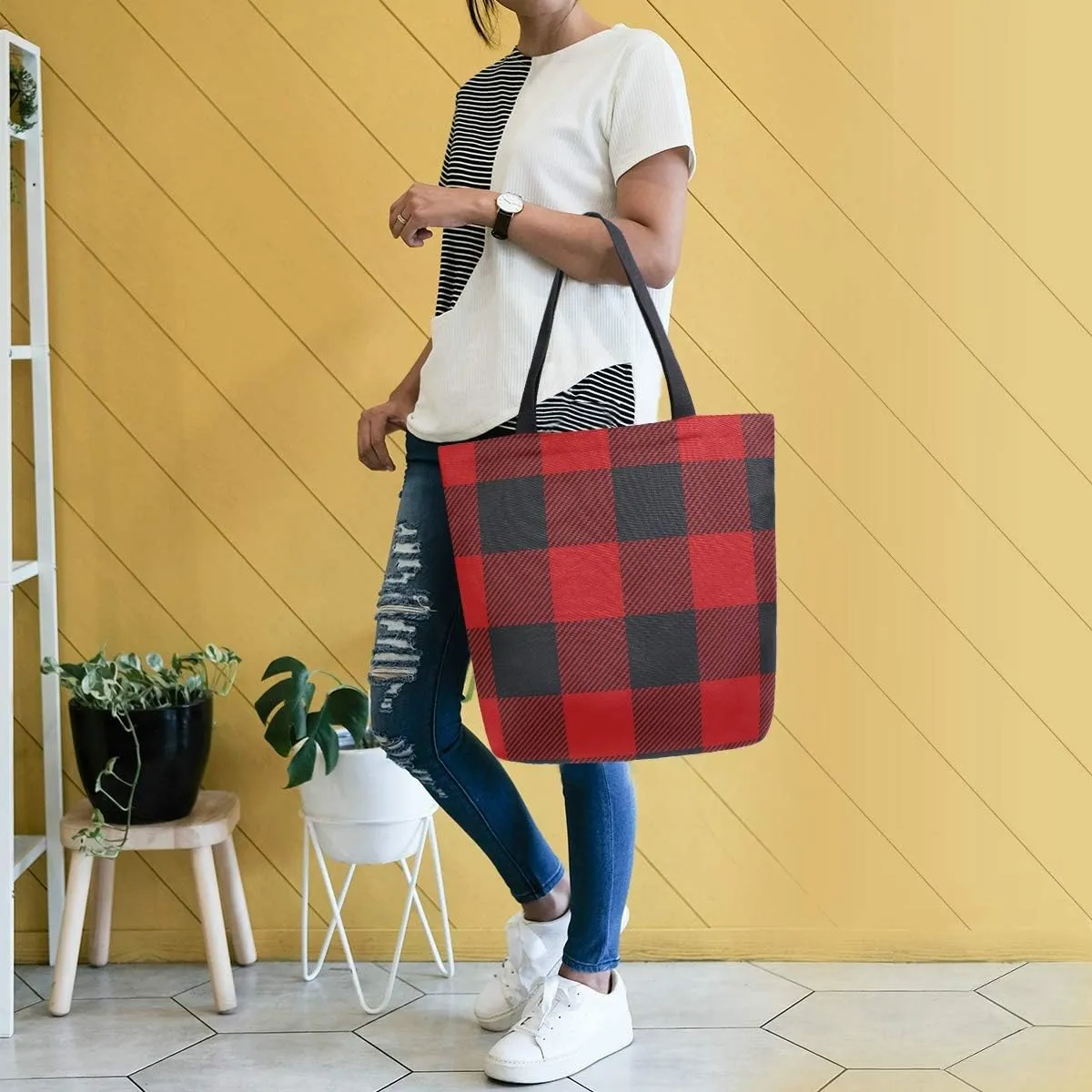 ALAZA Lumberjack Plaid Red and Black Squares Large Canvas Tote Bag for Women