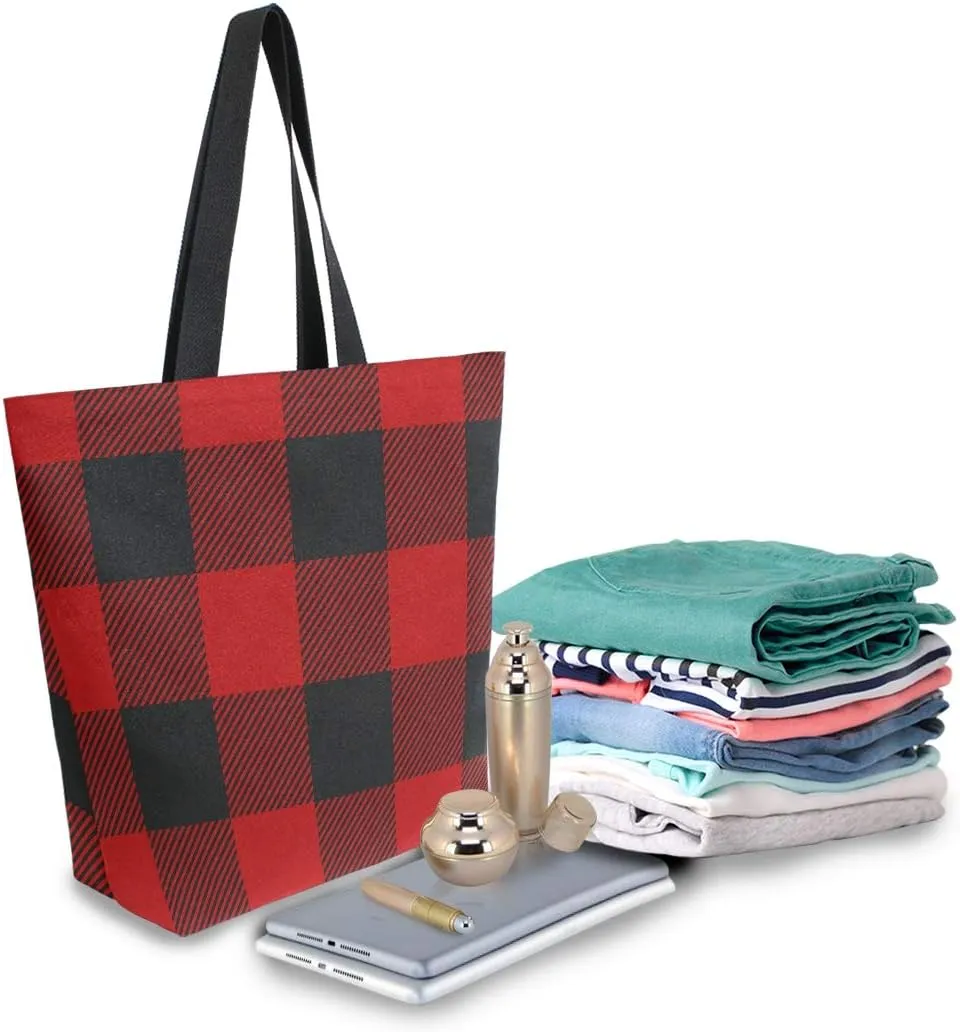 ALAZA Lumberjack Plaid Red and Black Squares Large Canvas Tote Bag for Women