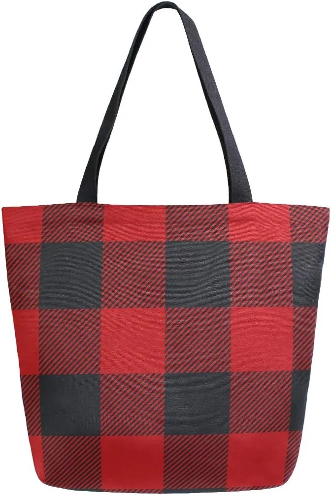 ALAZA Lumberjack Plaid Red and Black Squares Large Canvas Tote Bag for Women