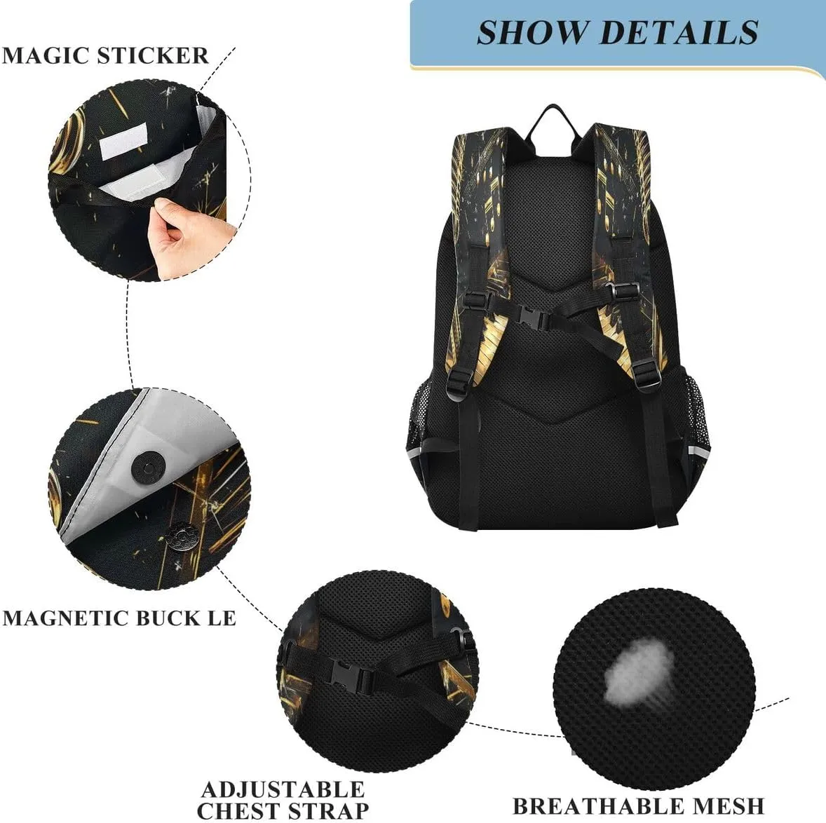 ALAZA Microphone Piano Keys Music Gold Black Backpack College Middle High School Bag Laptop Bag Casual Dayback Travel Business 17 inch