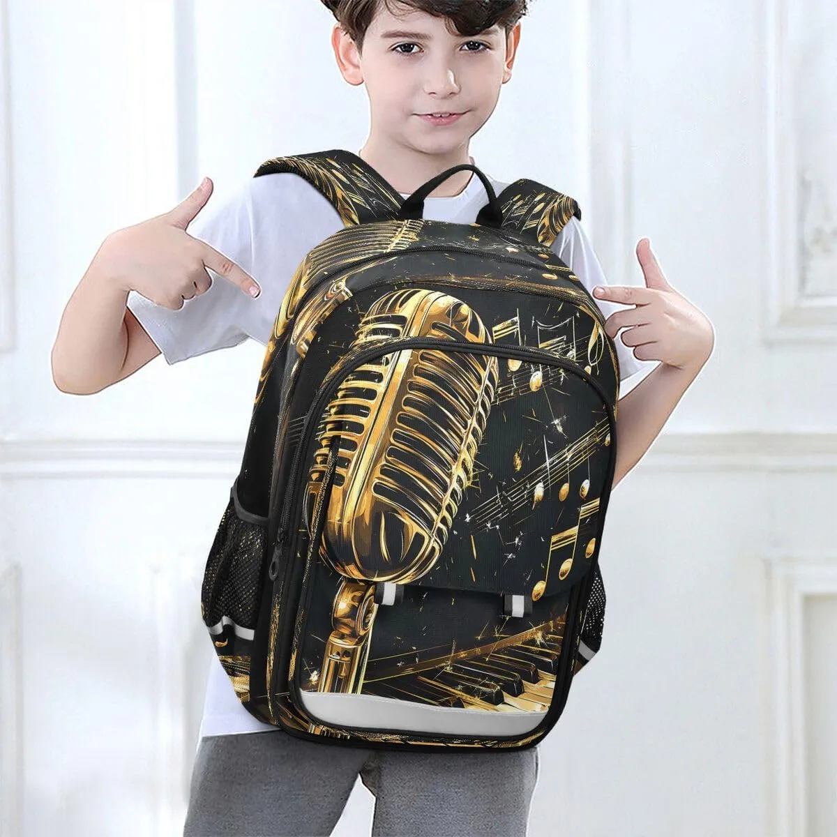 ALAZA Microphone Piano Keys Music Gold Black Backpack College Middle High School Bag Laptop Bag Casual Dayback Travel Business 17 inch