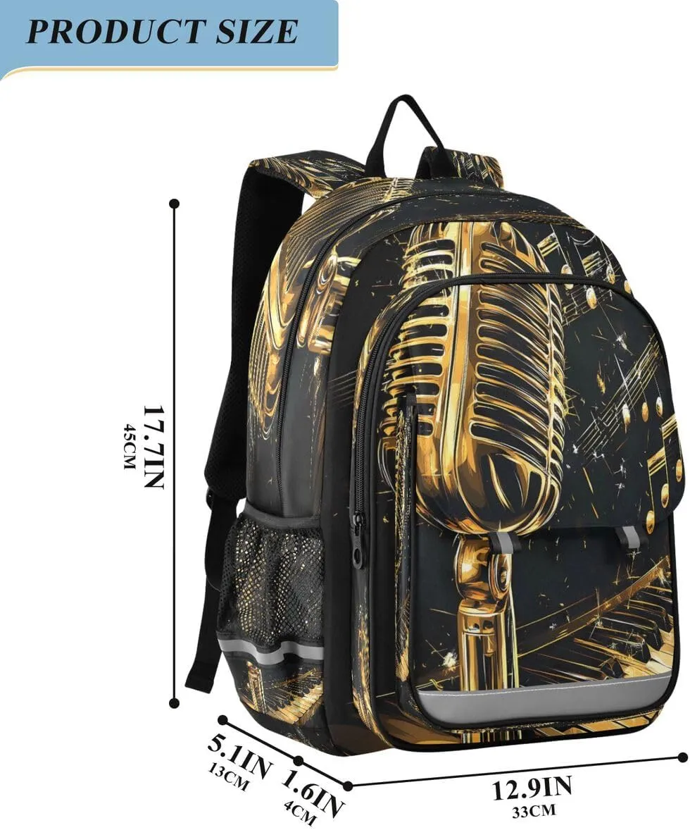 ALAZA Microphone Piano Keys Music Gold Black Backpack College Middle High School Bag Laptop Bag Casual Dayback Travel Business 17 inch