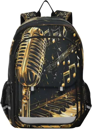 ALAZA Microphone Piano Keys Music Gold Black Backpack College Middle High School Bag Laptop Bag Casual Dayback Travel Business 17 inch