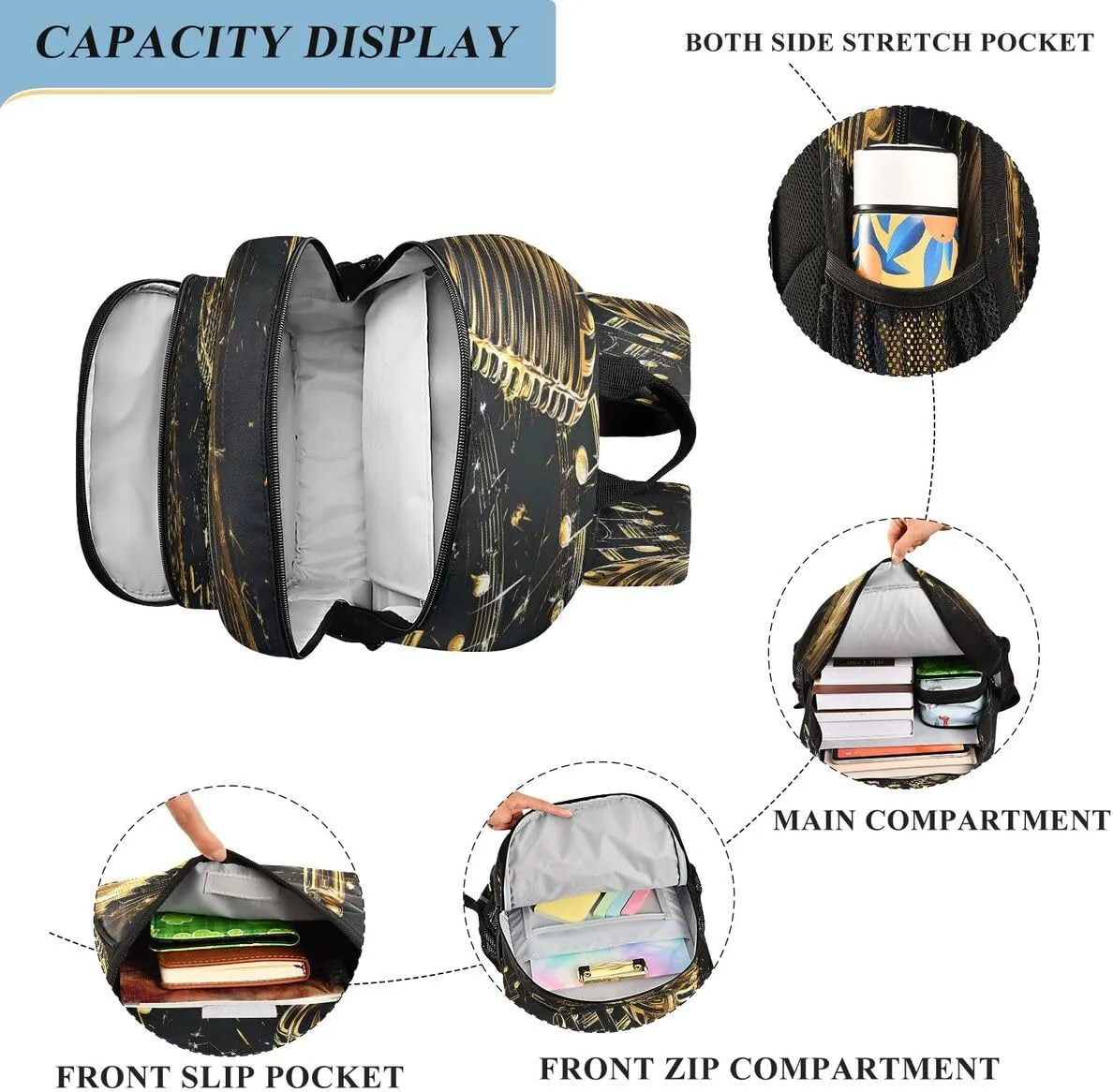 ALAZA Microphone Piano Keys Music Gold Black Backpack College Middle High School Bag Laptop Bag Casual Dayback Travel Business 17 inch