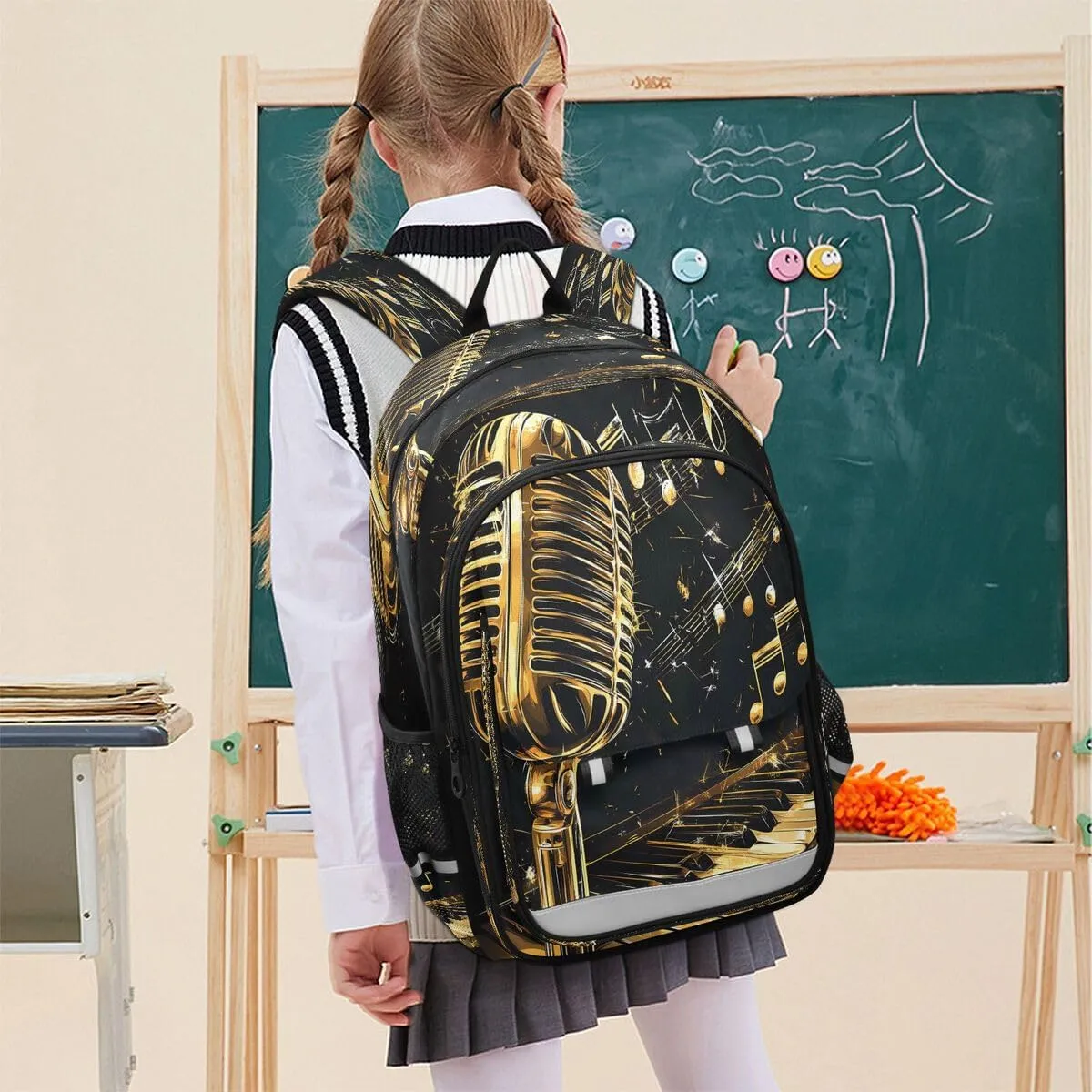 ALAZA Microphone Piano Keys Music Gold Black Backpack College Middle High School Bag Laptop Bag Casual Dayback Travel Business 17 inch